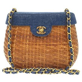 Bolsa de ombro de palha e couro azul marinho Chanel Azul marinho