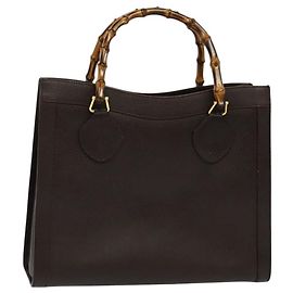 Bolsa de mão de couro Gucci Bamboo marrom ouro Auth ep8928 Marrom Dourado