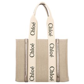 Chloé Borsa tote Woody in lino e pelle Marrone Beige