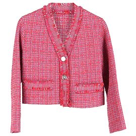 Maje Frayed Tweed Cropped Blazer in Pink Polyamide Pink