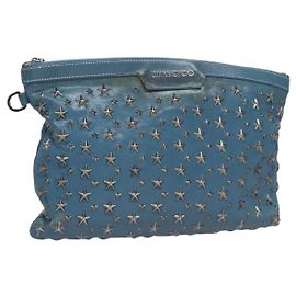 Bolsa de mão de couro azul prateado com studs Jimmy Choo Auth BA2456 Prata Azul