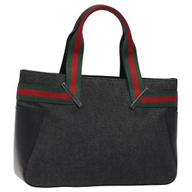 GUCCI Web Sherry Line Hand Bag Canvas Black 73984 Auth SW831 Black