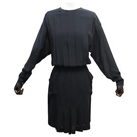 VINTAGE CHANEL DRESS BUTTONS LOGO COCO CC CAMBON 38 M SILK BLACK Black