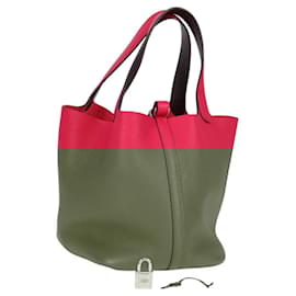 Hermès-HERMES Taurillon Clemence Picotan Lock MM Sac Cuir Rose Argent Auth PP609M-Argenté,Rose