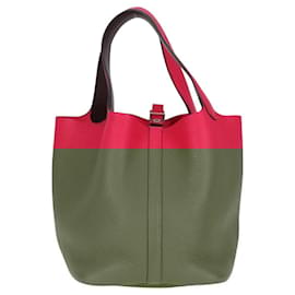 Hermès-HERMES Taurillon Clemence Picotan Lock MM Sac Cuir Rose Argent Auth PP609M-Argenté,Rose