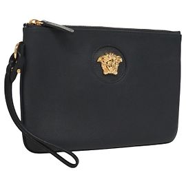 Borsa a mano in pelle VERSACE blu navy oro Auth bs26002 D'oro Blu navy