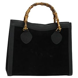 Sac à main GUCCI Bamboo Suède Noir Or 002 1095 0260 Auth ep9070 Noir Doré