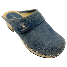 Chanel Blue 2014 Interlocking CC Logo Distressed Leather Clogs Blue