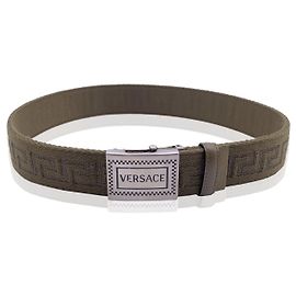 Versace Green Canvas Greek Pattern Unisex Adjustable Belt Size 80/32 Green