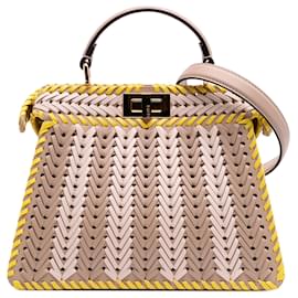 Fendi-Fendi Brown Small Interlaced Leather Peekaboo IseeU Satchel-Brown,Beige