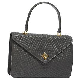 BALLY Bolsa de mão acolchoada de couro cinza dourado Auth BA2727 Marrom Dourado