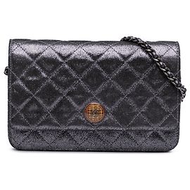 Chanel Silver Quilted Iridescent Lambskin Tartan Button Wallet On Chain Silvery