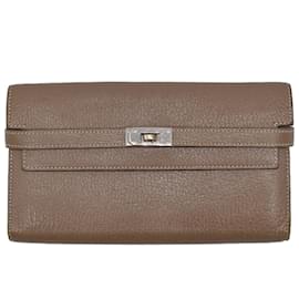 Hermès-Portefeuille Long Hermes Kelly en Gris Etoupe-Taupe