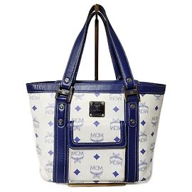 MCM Vintage Small Visetos Handle Bag White/Blue White Blue
