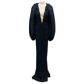 Vestido maxi com decote em V profundo e costas abertas com mangas bufantes azul marinho da Maison Rabih Kayrouz Azul marinho
