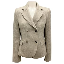 Loewe Grey / Beige Melange Tailored Double Breasted Herringbone Pattern Jacket Beige