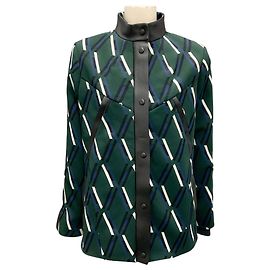 Tod's Green / White / Blue / Black Leather Trimmed Printed Knit Jacket Green