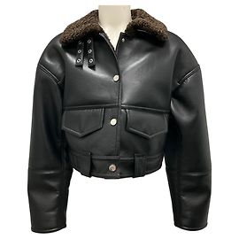 Nanushka Black / Brown 2023 Karla Regenerated Leather and Bonded Shearling Cropped Flight Jacket Black