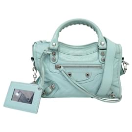 Balenciaga-BALENCIAGA MINI CITY HANDBAG 300295 TURQUOISE LEATHER WITH SHOULDER STRAP-Turquoise