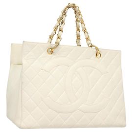 CHANEL Bolsa de Mão Matelassé com Corrente em Pele de Caviar Ouro Branco CC Auth bs26565 Branco Dourado