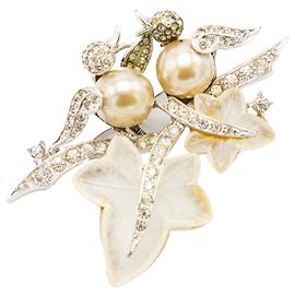 Autre Marque Broche vintage de pássaro e folha com pérolas falsas e strass Dourado