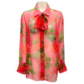 Oscar de la Renta Red Geranium Fall 2023 Long Sleeved Tie Neck Silk Chiffon Blouse Red