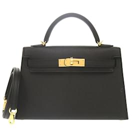 Hermès-Sac à main Hermes Mini Kelly De Veau Epsom Noir-Noir