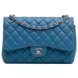 Chanel Azul Jumbo Clássico Caviar Dupla Aba Azul