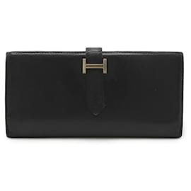 Hermès-Portefeuille long tri-fold Hermes Bearn en cuir Courchevel noir-Noir