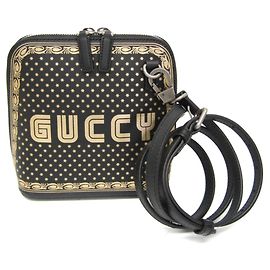 Bolsa de ombro de couro com estampa GUCCY da Gucci Preto Dourado