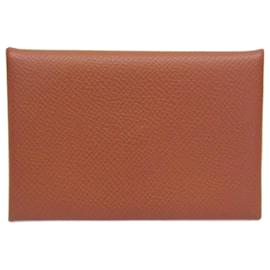 Hermès-Porte-cartes en cuir Epsom Brique de Hermes Calvi-Marron