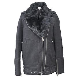 Iro Cidji Fur Collar Biker Jacket in Black Wool Black