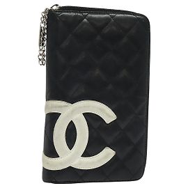 CHANEL Cambon Line Long Wallet Leather Black Silver CC Auth 123622 Black Silvery