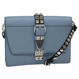 PRADA Shoulder Bag Leather Light Blue Silver Auth 118618 Silvery Light blue