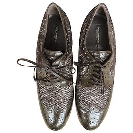 Décolleté stringate Dolce & Gabbana in Tweed e Pelle Vernice Marrone Marrone scuro