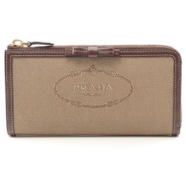 Prada Jacquard Round Long Wallet Brown Beige