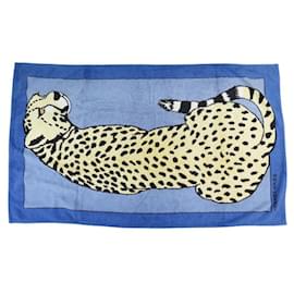 Hermès-HERMES CHEETAH BEACH TOWEL COTTON BLUE-Blue