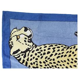Hermès-HERMES CHEETAH BEACH TOWEL COTTON BLUE-Blue