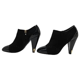 Louis Vuitton-LOUIS VUITTON MIA ANKLE BOOTS 38.5 PATENT LEATHER & SUEDE-Black