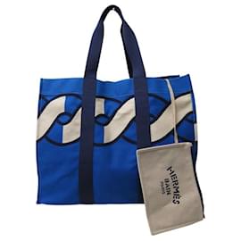 Hermès-NEUF SAC A MAIN DE PLAGE HERMES BLEU CABAS EN TOILE AVEC POCHETTE BEACH TOTE BAG-Bleu