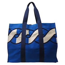 Hermès-NEUF SAC A MAIN DE PLAGE HERMES BLEU CABAS EN TOILE AVEC POCHETTE BEACH TOTE BAG-Bleu