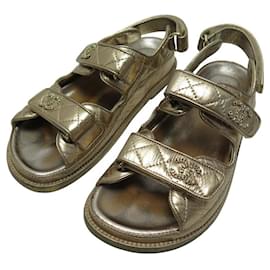 Chanel-CHANEL SHOES DAD SANDALS G35927 36.5 IN GOLDEN LEATHER GOLD FLAT SHOES-Golden