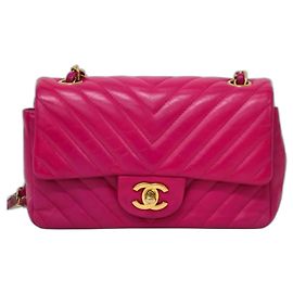 Chanel Rectangular Handbag Fuchsia Chevron Leather Gold Hardware Fuschia