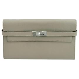 Hermès-Portefeuille Long Hermes Kelly en Gris Asphalt-Marron