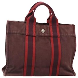 Hermès-HERMES Fourre Tout PM Sac Tote Toile Rouge Vin Auth 118757-Bordeaux
