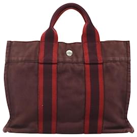 Hermès-HERMES Fourre Tout PM Sac Tote Toile Rouge Vin Auth 118757-Bordeaux