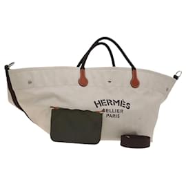 Hermès-HERMES Cavaliers GM Boston Bag Toile 2way Crème Argent Auth 121104M-Argenté,Écru