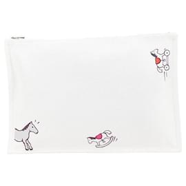 Hermès-Pochette plate Adada GM motif cheval en toile Hermes-Blanc