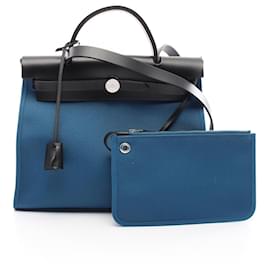 Hermès-Sac à main Hermes Herbag Zip PM Toile Officier Vache Hunter-Noir,Bleu