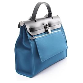 Hermès-Sac à main Hermes Herbag Zip PM Toile Officier Vache Hunter-Noir,Bleu